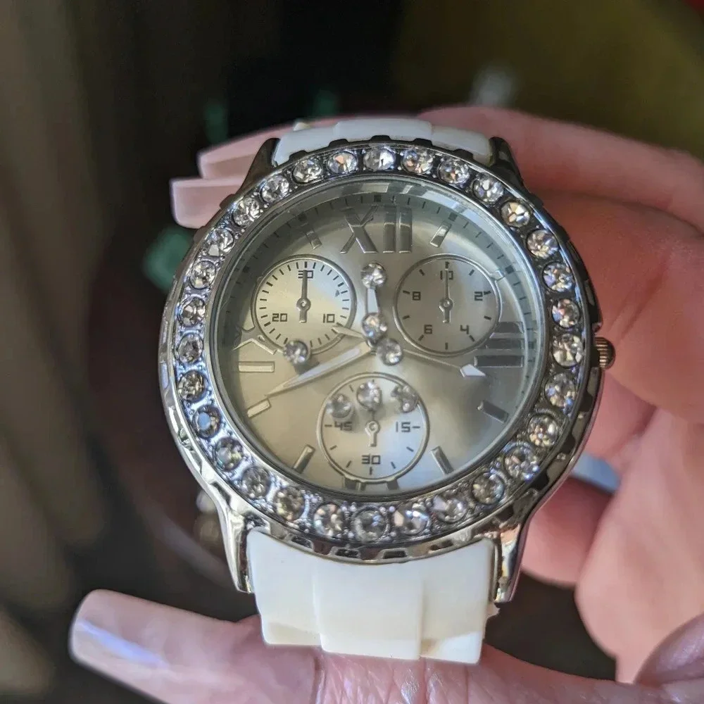 Gracie Lynn Watch White Buckle Band Round Face Silver Toned Rhinestones
